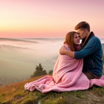A romantic couple on a quiet hilltop in the Polish countryside, embracing as they watch a magical sunrise. The sky is painted in soft, ethereal shades of pink, gold, and light orange, with a gentle morning mist in the distance. They are wrapped in a warm blanket, with a thermos of hot coffee or tea nearby. The scene conveys intimacy, peace, and the beauty of a fresh start in a serene, natural Polish landscape.