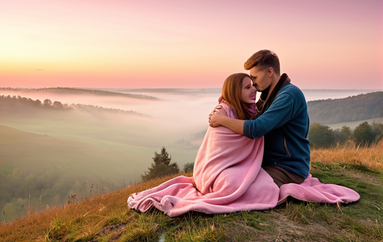A romantic couple on a quiet hilltop in the Polish countryside, embracing as they watch a magical sunrise. The sky is painted in soft, ethereal shades of pink, gold, and light orange, with a gentle morning mist in the distance. They are wrapped in a warm blanket, with a thermos of hot coffee or tea nearby. The scene conveys intimacy, peace, and the beauty of a fresh start in a serene, natural Polish landscape.